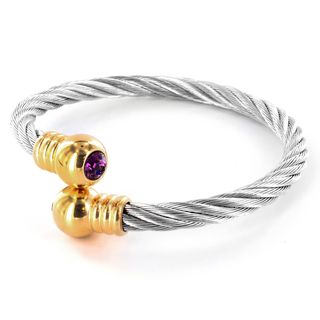 Goldplated Stainless Steel Pink Crystal Cable Cuff Bracelet