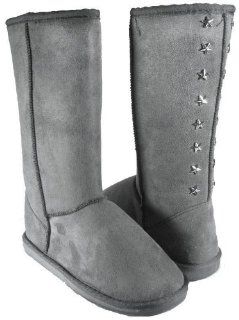  Stars Faux Sheepskin Suede Flat Mid calf Boots Grey, 6 Shoes