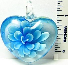 Murano Inspired Glass Blue Flower Heart Pendant
