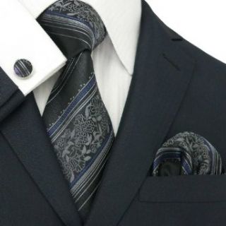 Landisun 83F Black Blue Floral Pattern Mens Silk Tie Set