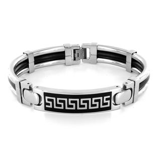 Stainless Steel Black Rubber Greek Key Design Enamel Link Bracelet