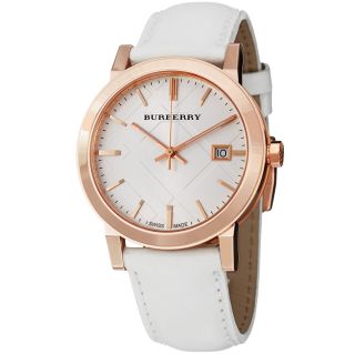 Burberry Mens Large Check Silver Dial White Leather Strap Watch Was