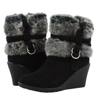 Sasha04 Fur Cuff Rubber Wedge Ankle Boots BLACK Shoes