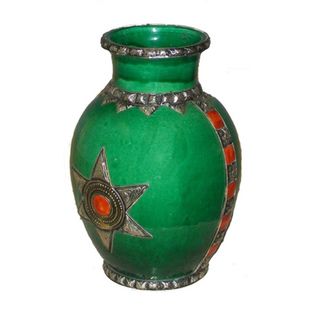 Lime Green Ceramic Vase with Silver Trim (Morocco)