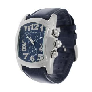 Geneva Mens Platinum Navy Leather Watch