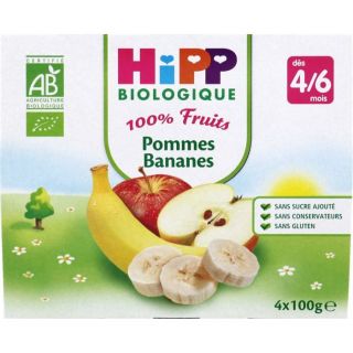 Coupelles HIPP Bio 100% Fruits 4x100g   Pommes Bananes   Dès 4/6