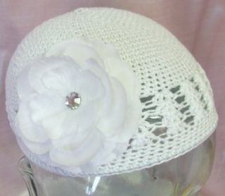 Olivia Crochet Baby Hat (White Hat/White Flower): Clothing