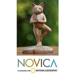 Handcrafted Suar Wood Tree Pose Yoga Cat Sculpture (Indonesia) Today