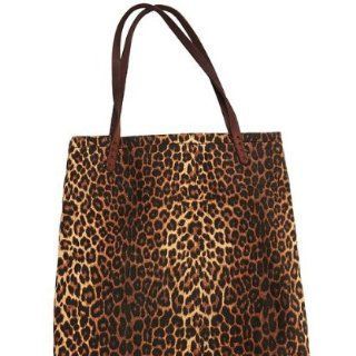 Lucky Brand Wild Cat Leopard Print Canvas Bucket Tote w Brown Leather
