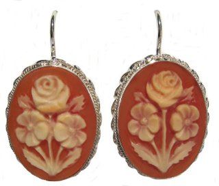 Cameo Earrings French Wire Sterling Silver Rose Bouquet