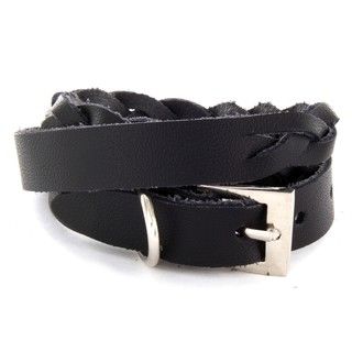 Black Leather Double Wrap Weave Bracelet
