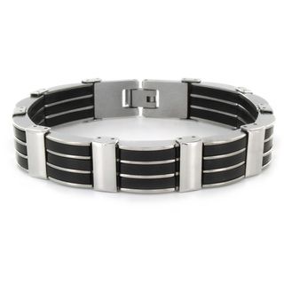 Stainless Steel Mens Black Rubber and Polished Link Bracelet