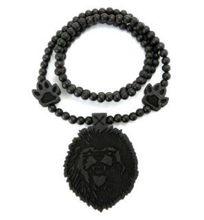 Good Wood Angry Lion Face Pendant w/36 Wood Beads