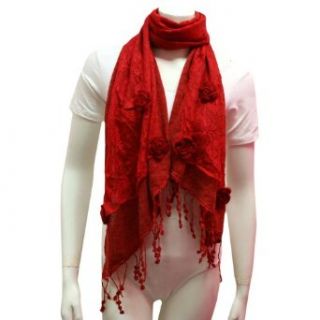 Red Layered Crocheted Knit Rosette Lace Scarf Wrap