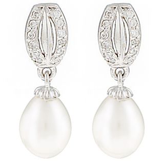 Silver White Freshwater Pearl and Cubic Zirconia Bar Earrings (7 8 mm