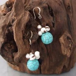Cotton Turquoise Ball and Pearl Dangle Earrings (5 7 mm) (Thailand