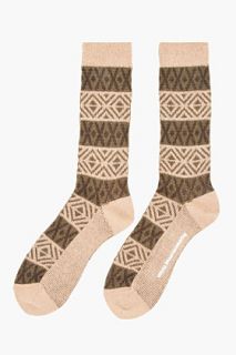 White Mountaineering Tan & Olive Mid Rise Jacquard Knit Socks  for men