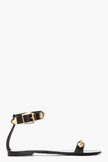 Versace Black Leather And Gold Crest Ankle Strap Sandals for women