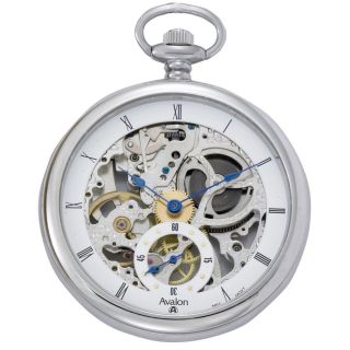 Avalon 17 jewel Mechanical Skeleton Stainless Steel Pocket Watch with