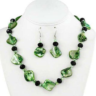 Green Faux Shell and Crystal Necklace and Earrings Set