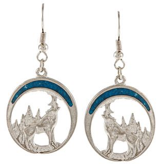 Southwest Moon Silvertone Turquoise Inlay Howling Wolf Earrings