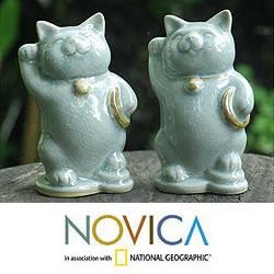 Set of 2 Celadon Ceramic Charming Lucky Cats Figurines (Thailand