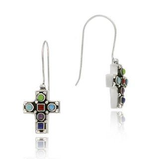 Sterling Silver Multi color inlay Cross earrings: Jewelry