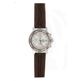 Montre chronographe en métal sur bracelet en cuir brun. Cadran blanc