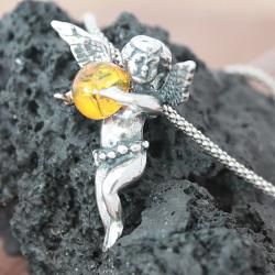 Sterling Silver Yellow Amber Angel Necklace (Poland)